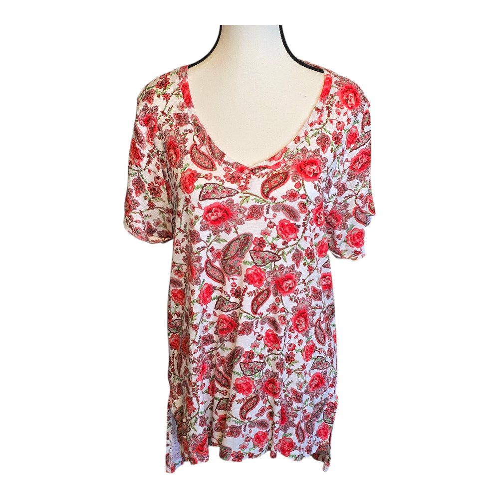 Philosophy Top Womens Large Red Floral Paisley Print 100% Pima Cotton Bohemian
